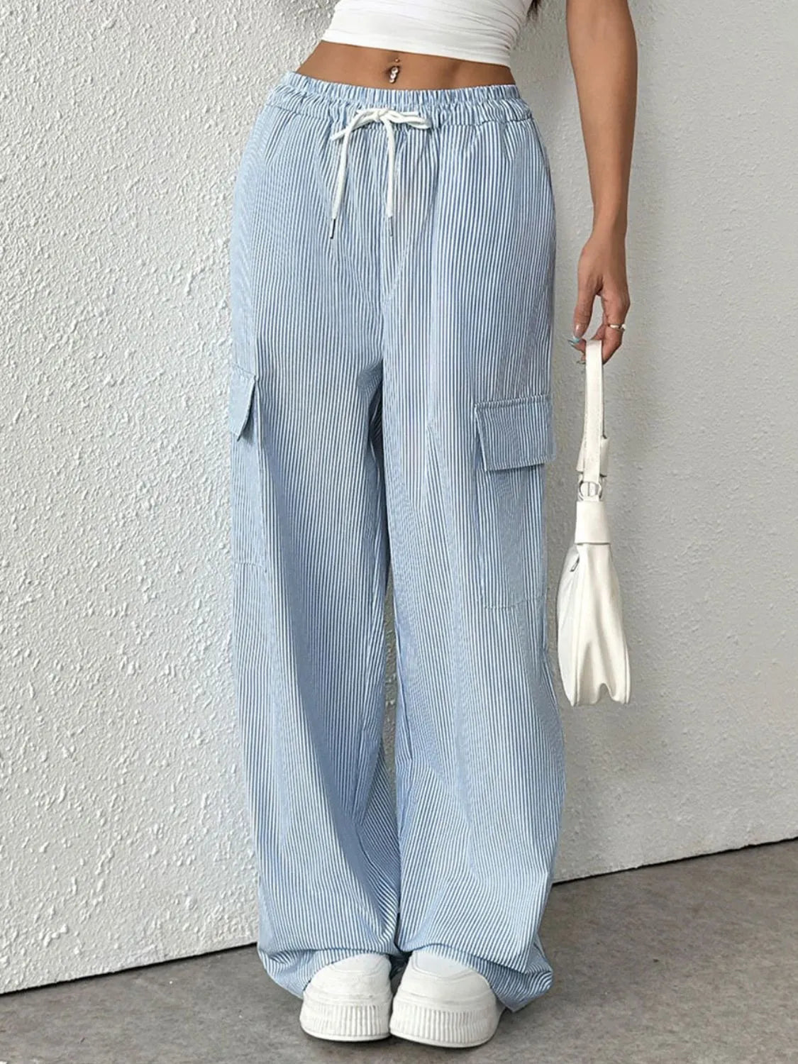 Drawstring Striped Wide Leg Cargo Pants - The Goddess Galleries