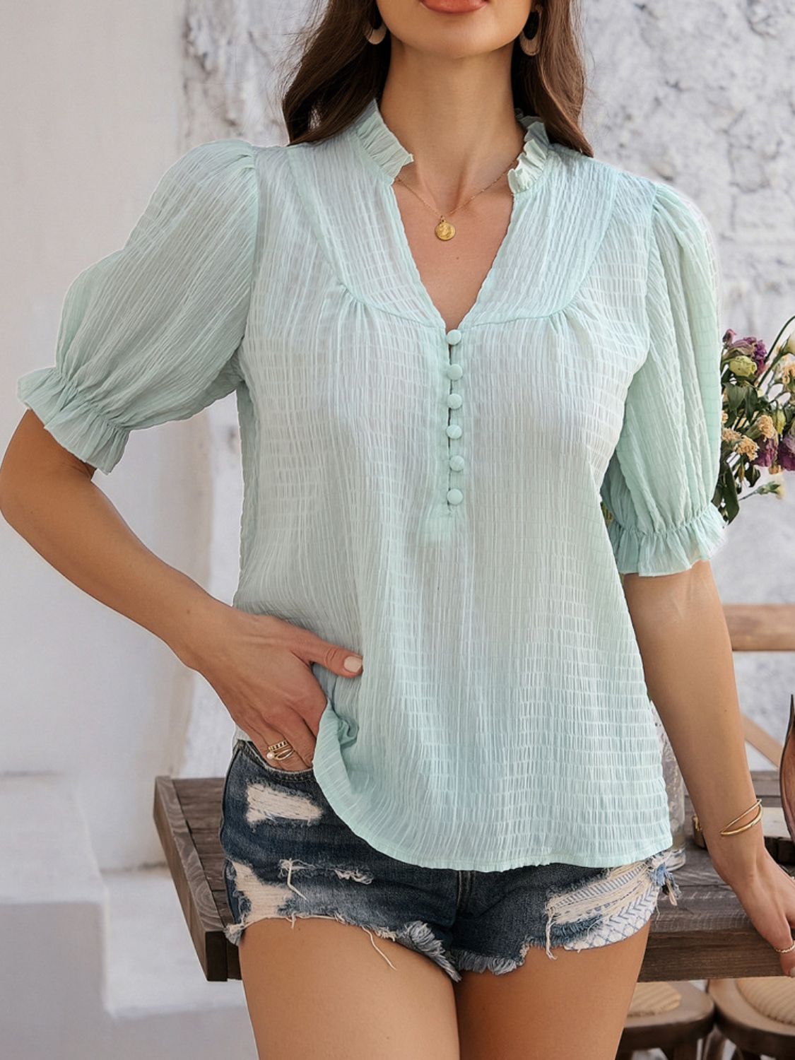 Devine Frill Notched Short Sleeve Blouse - The Goddess Galleries