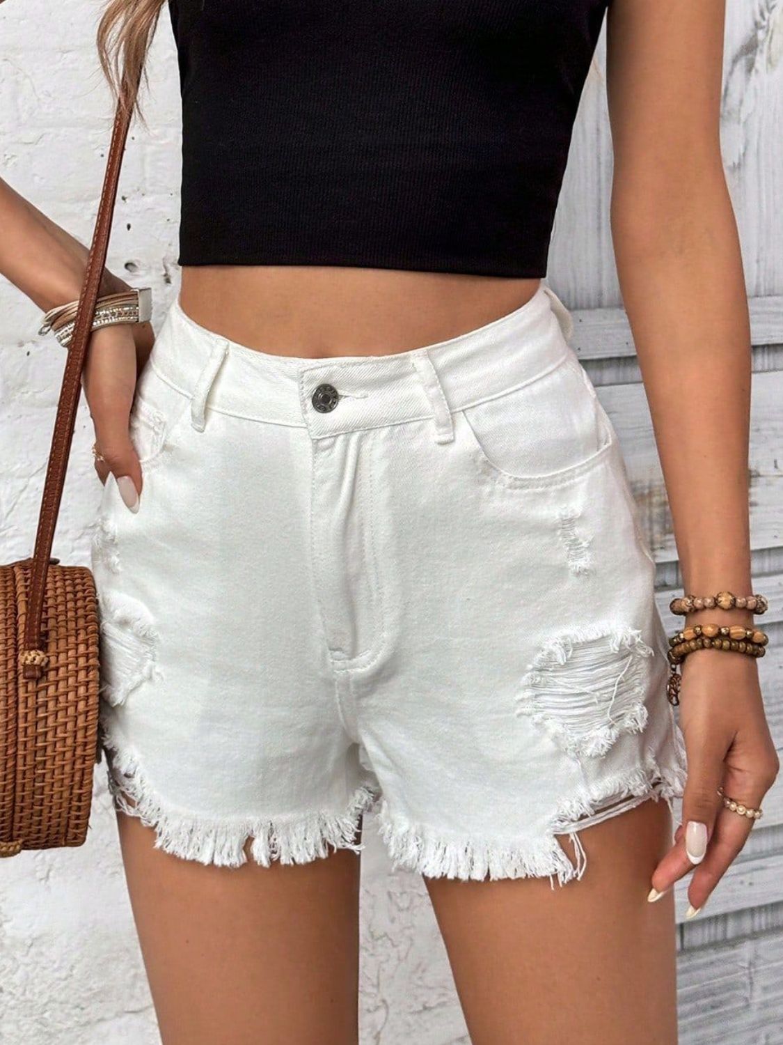 Distressed Raw Hem High Rise Denim Shorts - The Goddess Galleries