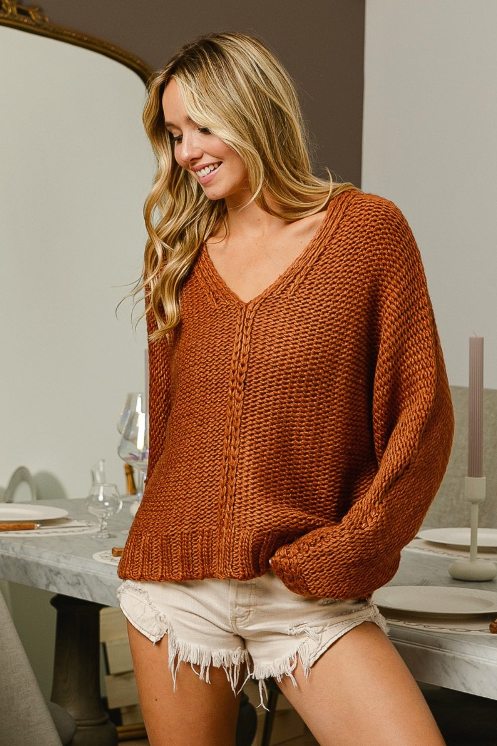 BiBi V-Neck Cable Knit Sweater - The Goddess Galleries