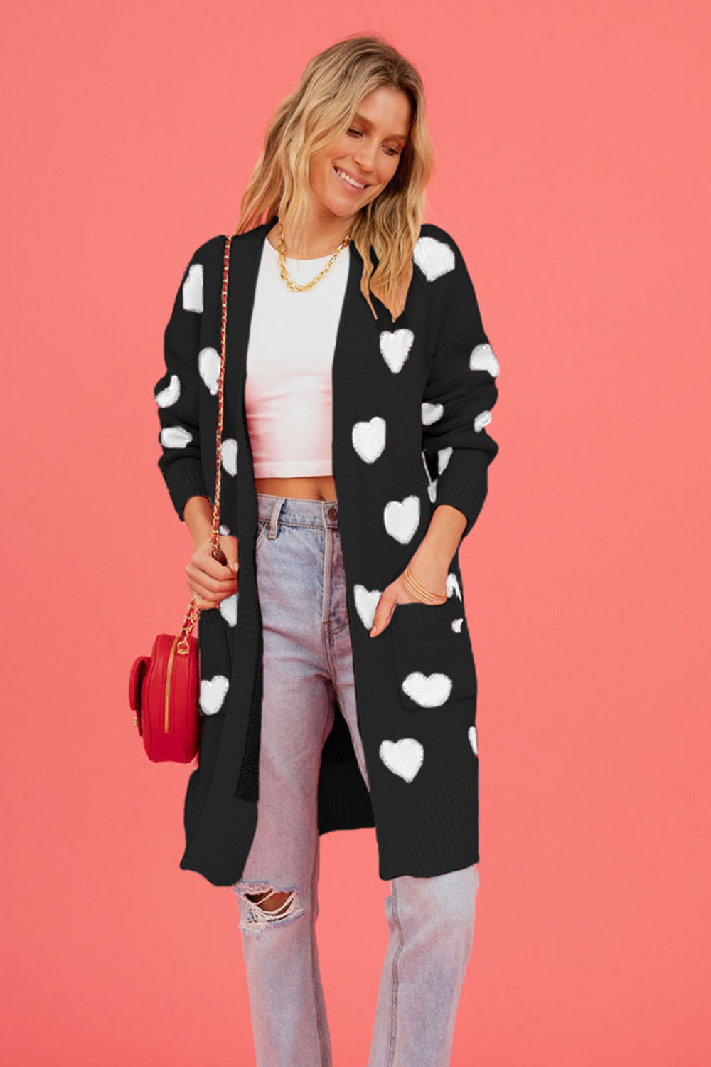 Heart Graphic Open Front Cardigan with Pockets - The Goddess Galleries