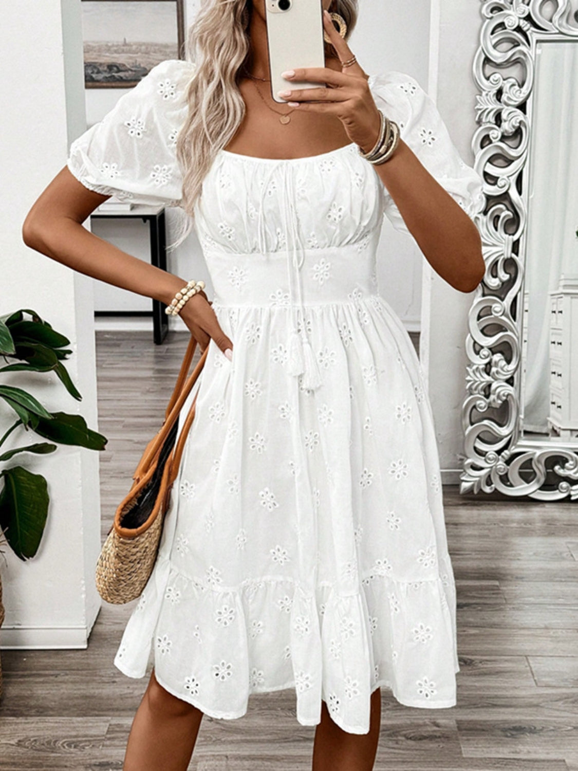 Smocked Eyelet Square Neck Puff Sleeve Mini Dress - The Goddess Galleries
