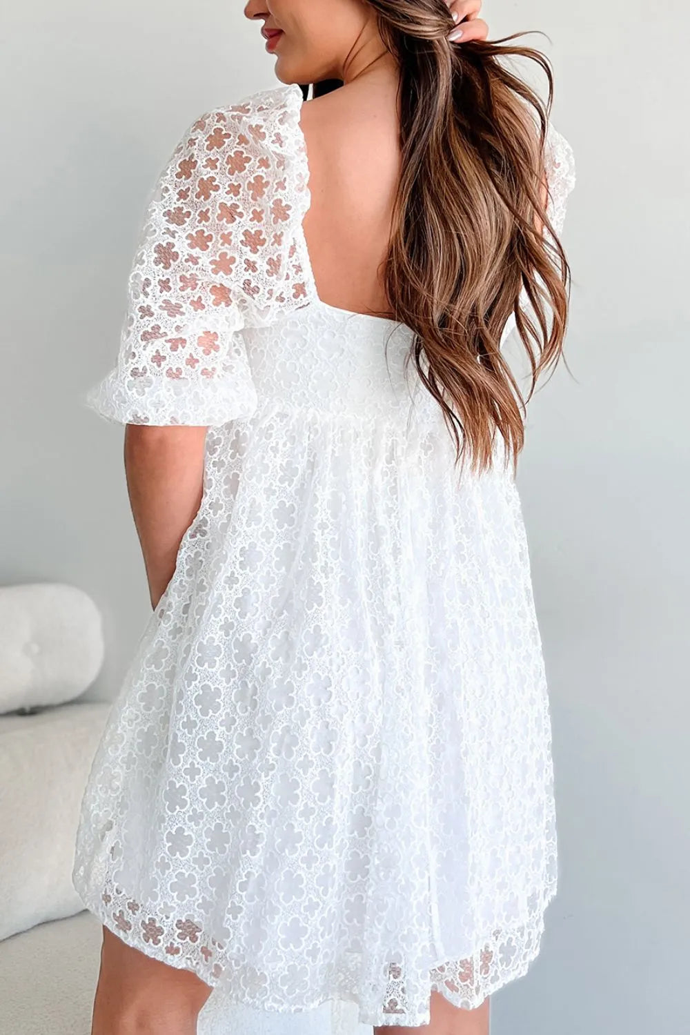Lace Puff Sleeve Empire Waist Mini Dress - The Goddess Galleries