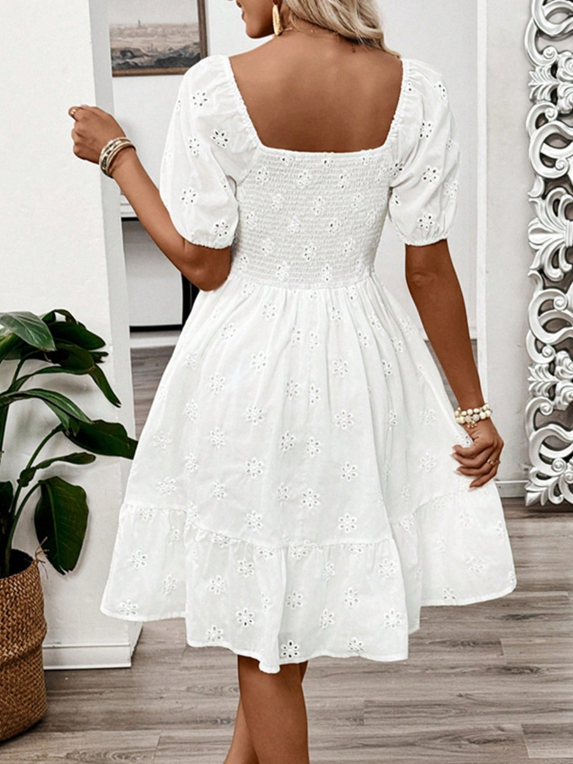 Smocked Eyelet Square Neck Puff Sleeve Mini Dress - The Goddess Galleries