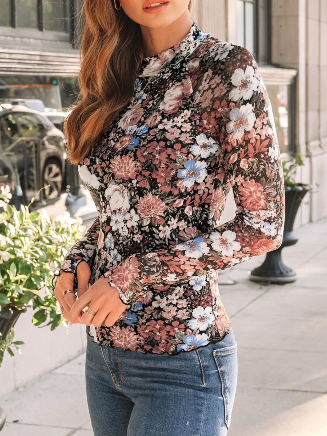 Floral Mock Neck Long Sleeve T-Shirt - The Goddess Galleries