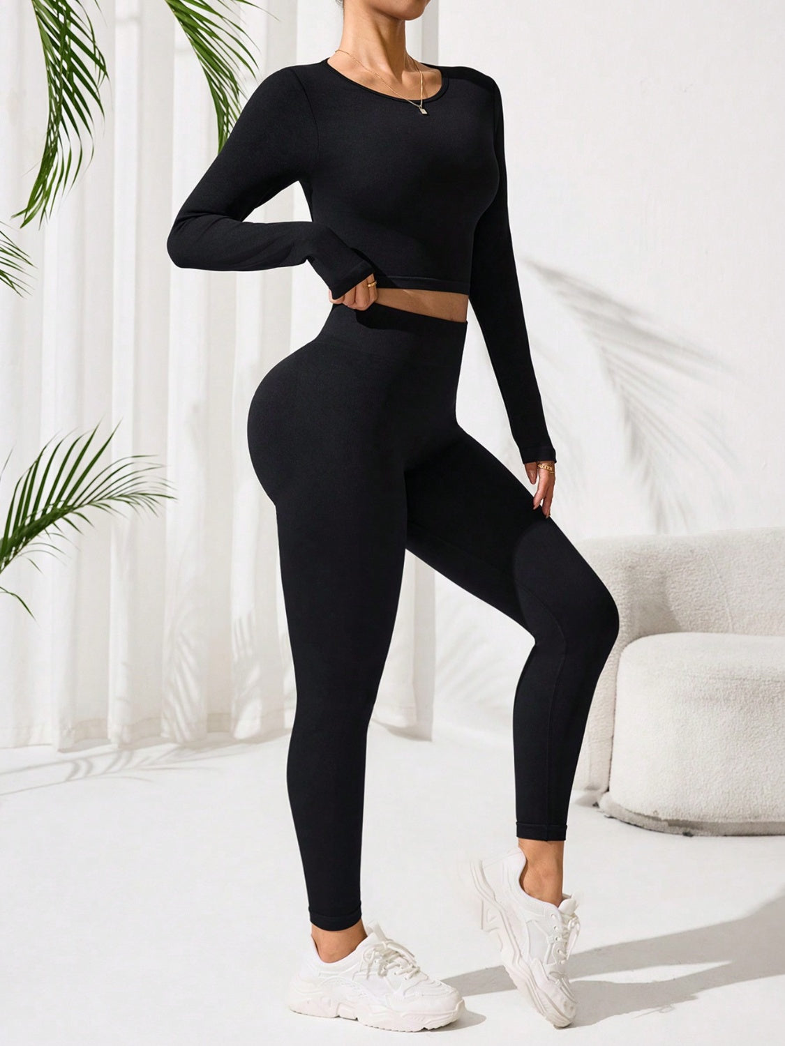 Lace-Up Back Round Neck Top and Leggings Active Set - The Goddess Galleries