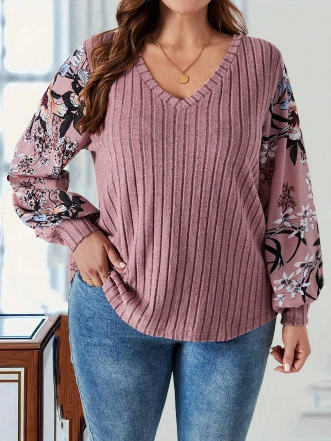Plus Size Printed V-Neck Long Sleeve T-Shirt - The Goddess Galleries