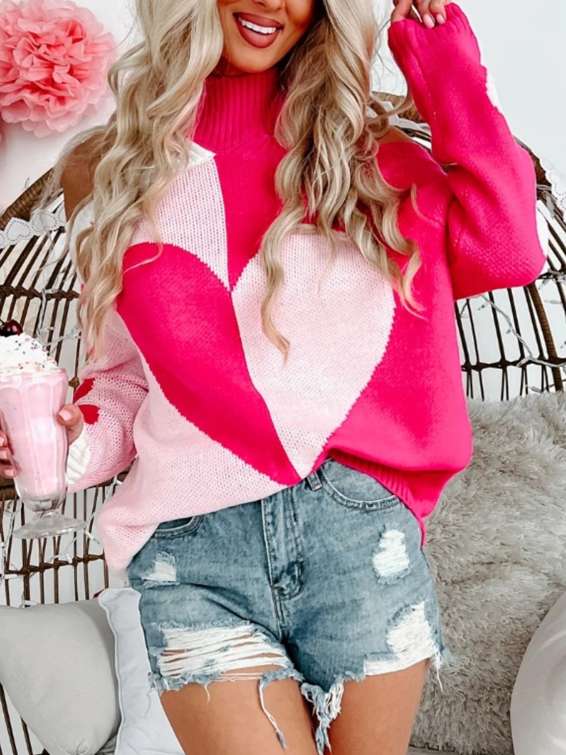 Valentine's Day Heart Turtleneck Cold Shoulder Sweater - The Goddess Galleries
