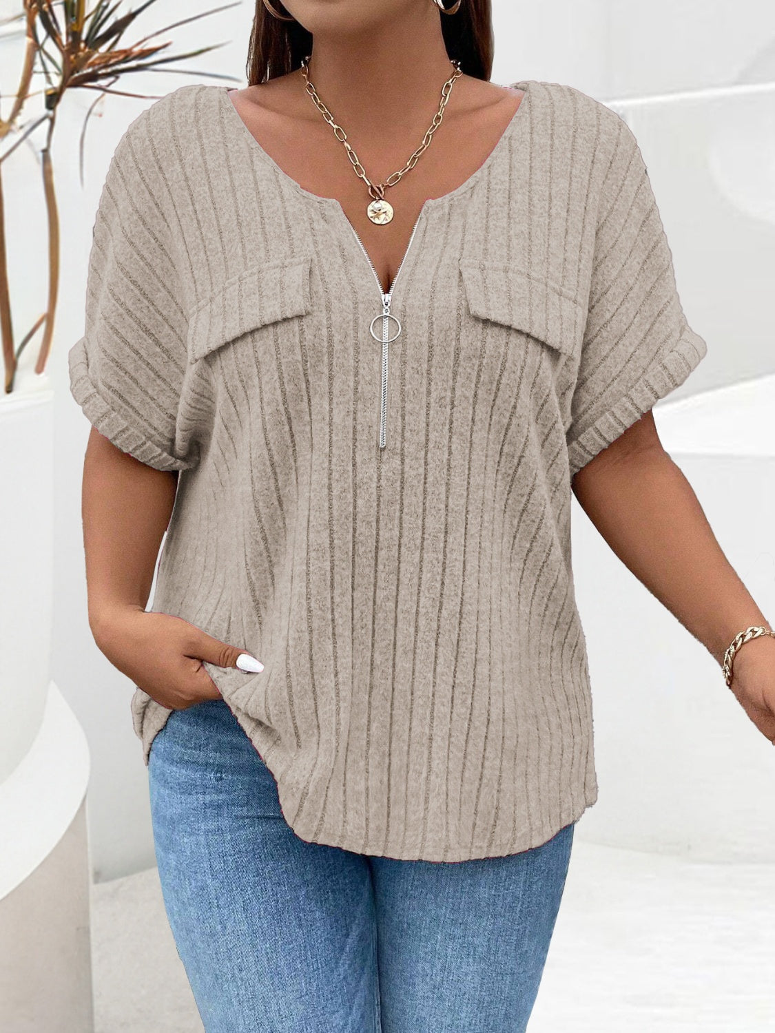 Plus Size Half Zip Short Sleeve T-Shirt - The Goddess Galleries