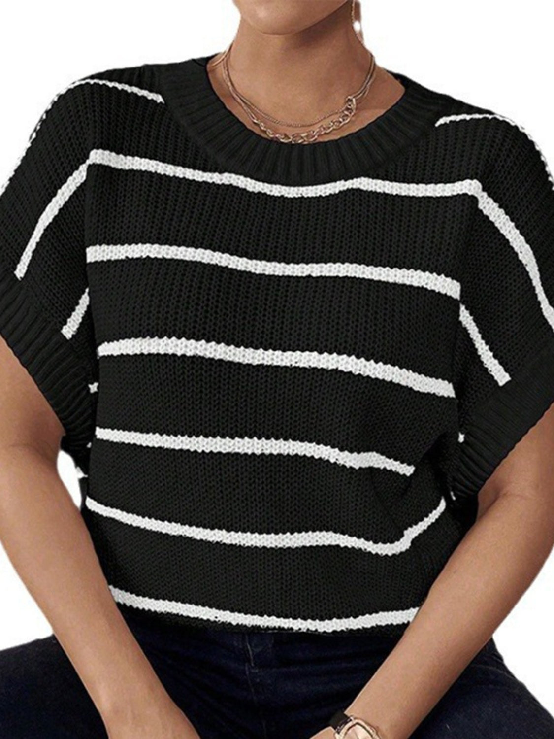 Striped Round Neck Short Sleeve Knit Top - The Goddess Galleries