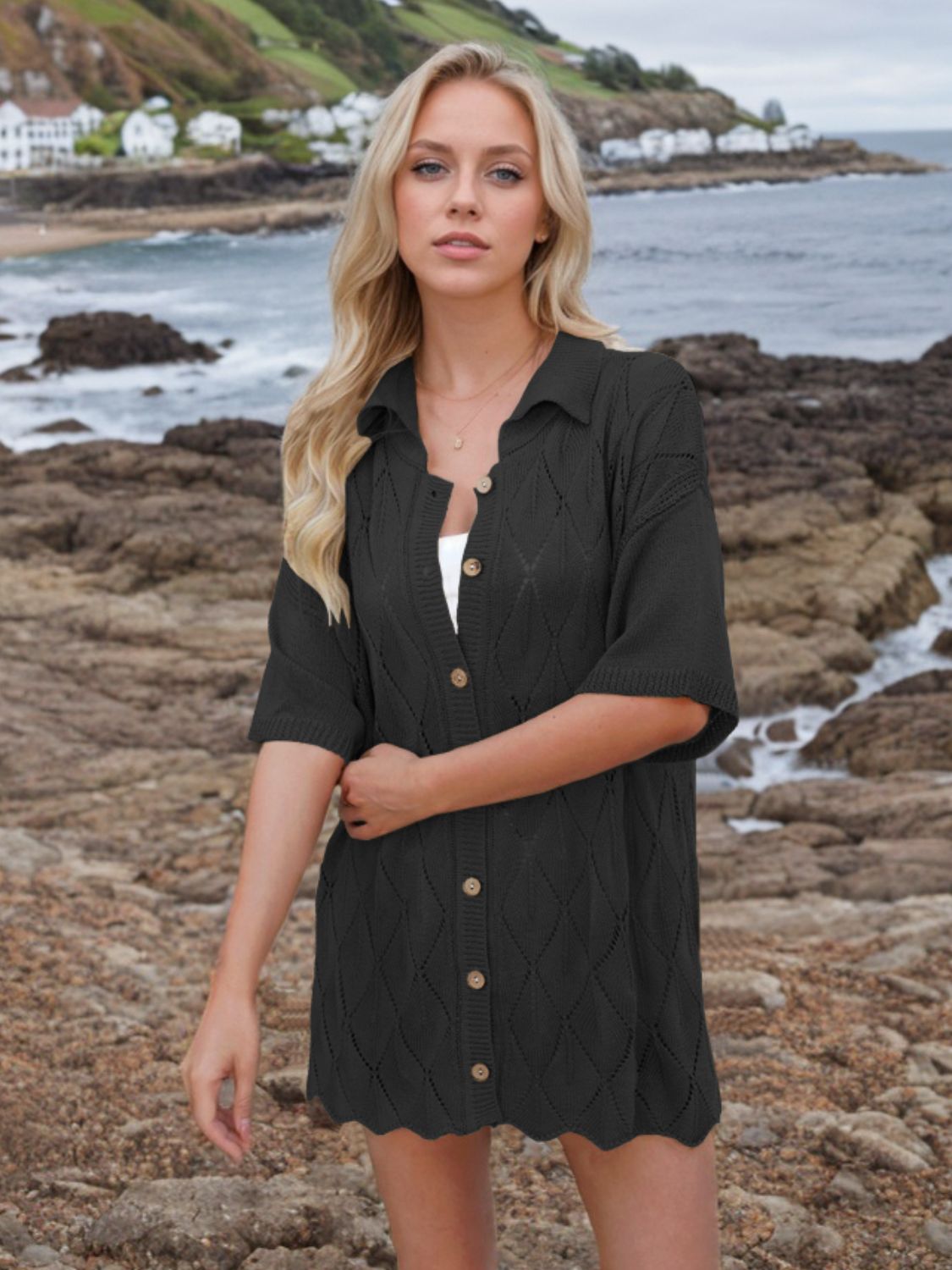 Button Down Eyelet Collared Neck Knit Shirt - The Goddess Galleries