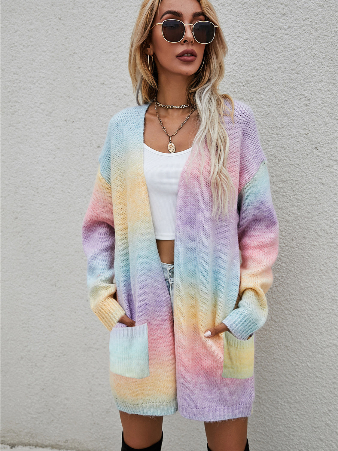 Angel Wings Full Size Pocketed Open Front Gradient Cardigan - The Goddess Galleries
