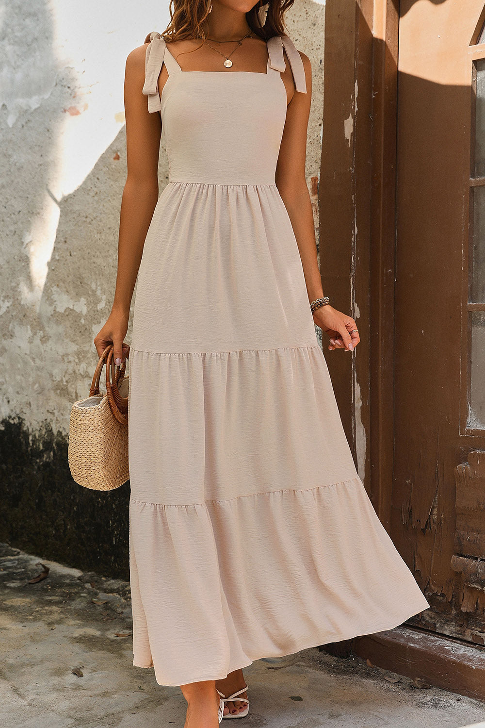 Perfee Tie Shoulder Smocked Tiered Dress - The Goddess Galleries