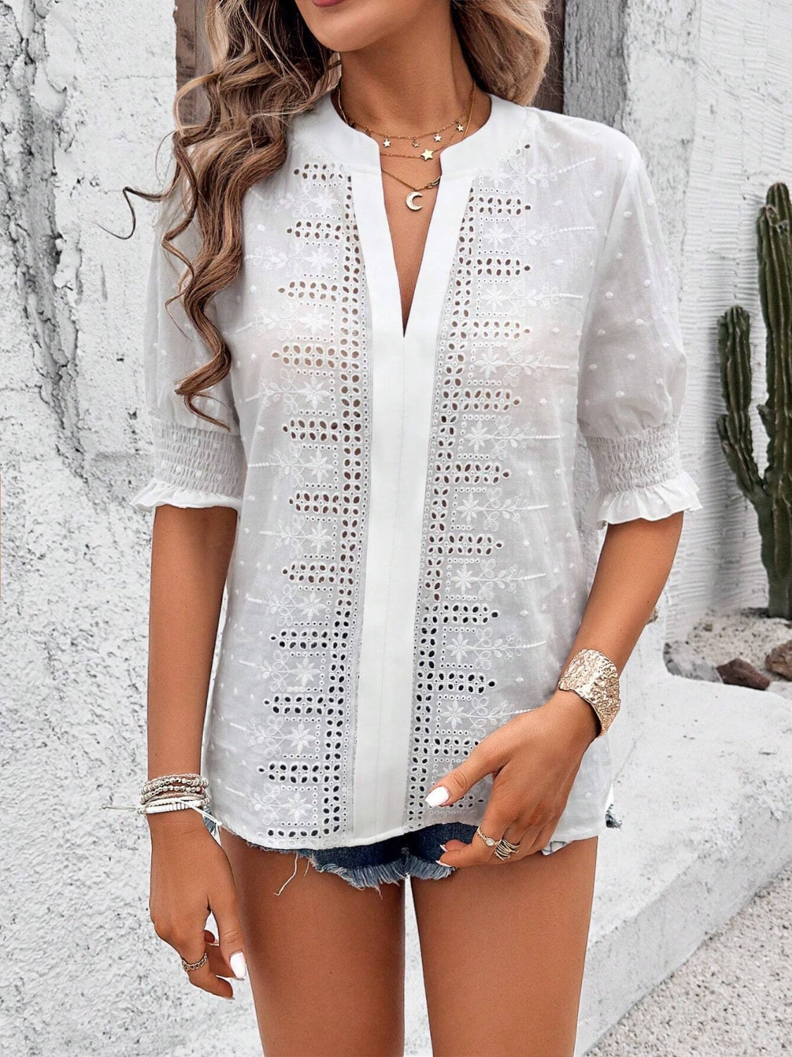 Eyelet Notched Flounce Sleeve Blouse - The Goddess Galleries