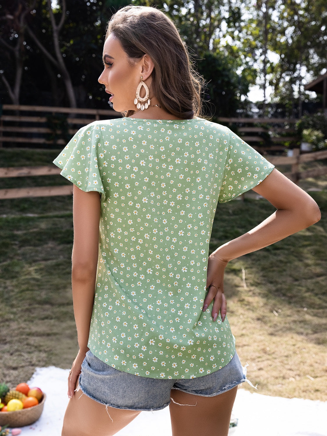 Ivy Lane Ruffled Floral Tie Neck Short Sleeve Blouse - The Goddess Galleries