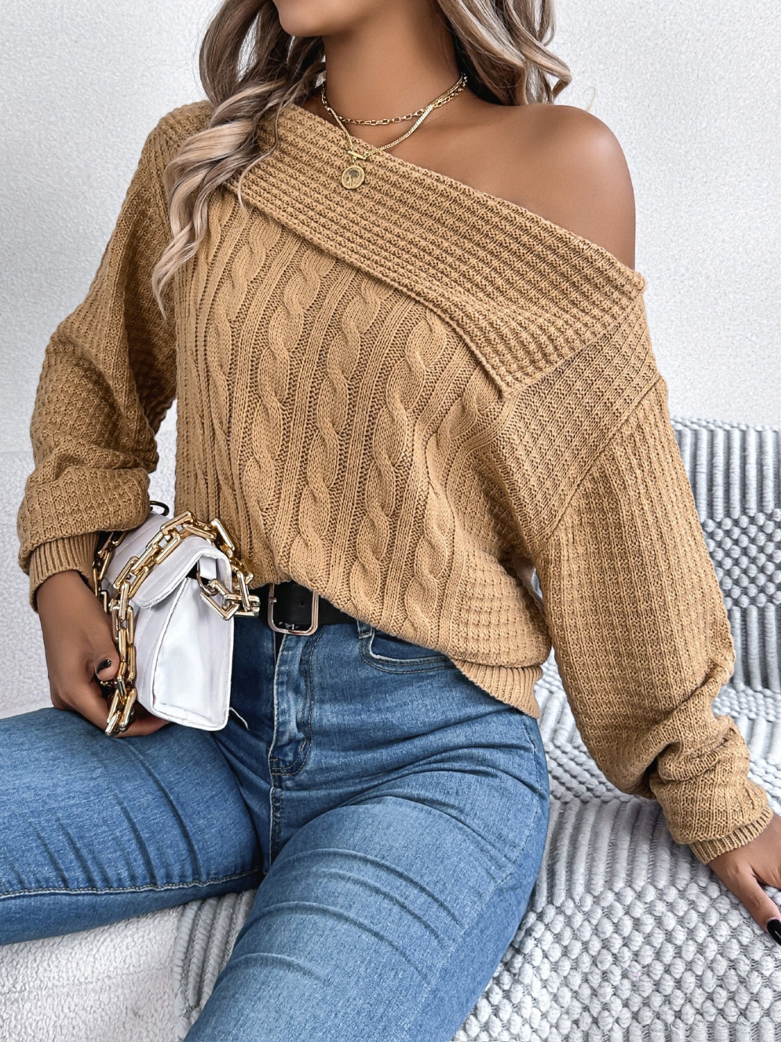 Cable-Knit One Shoulder Long Sleeve Sweater - The Goddess Galleries