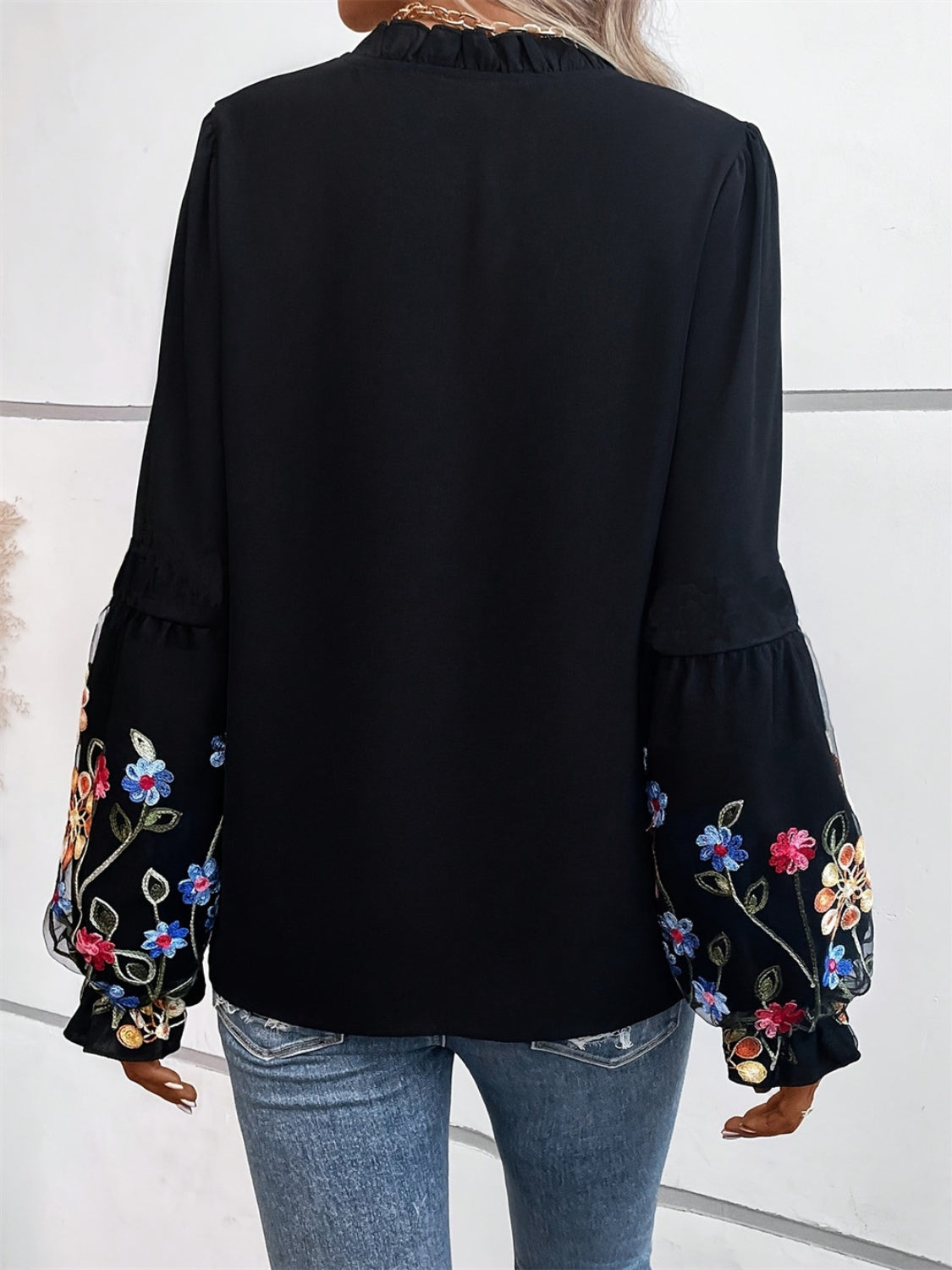 Embroidered Notched Long Sleeve Blouse - The Goddess Galleries