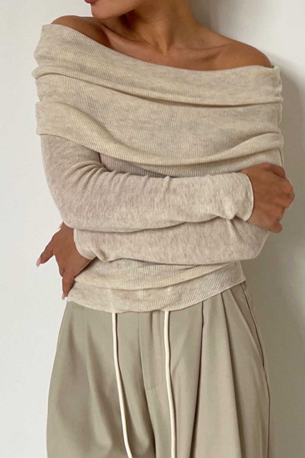 Off-Shoulder Long Sleeve Knit Top - The Goddess Galleries