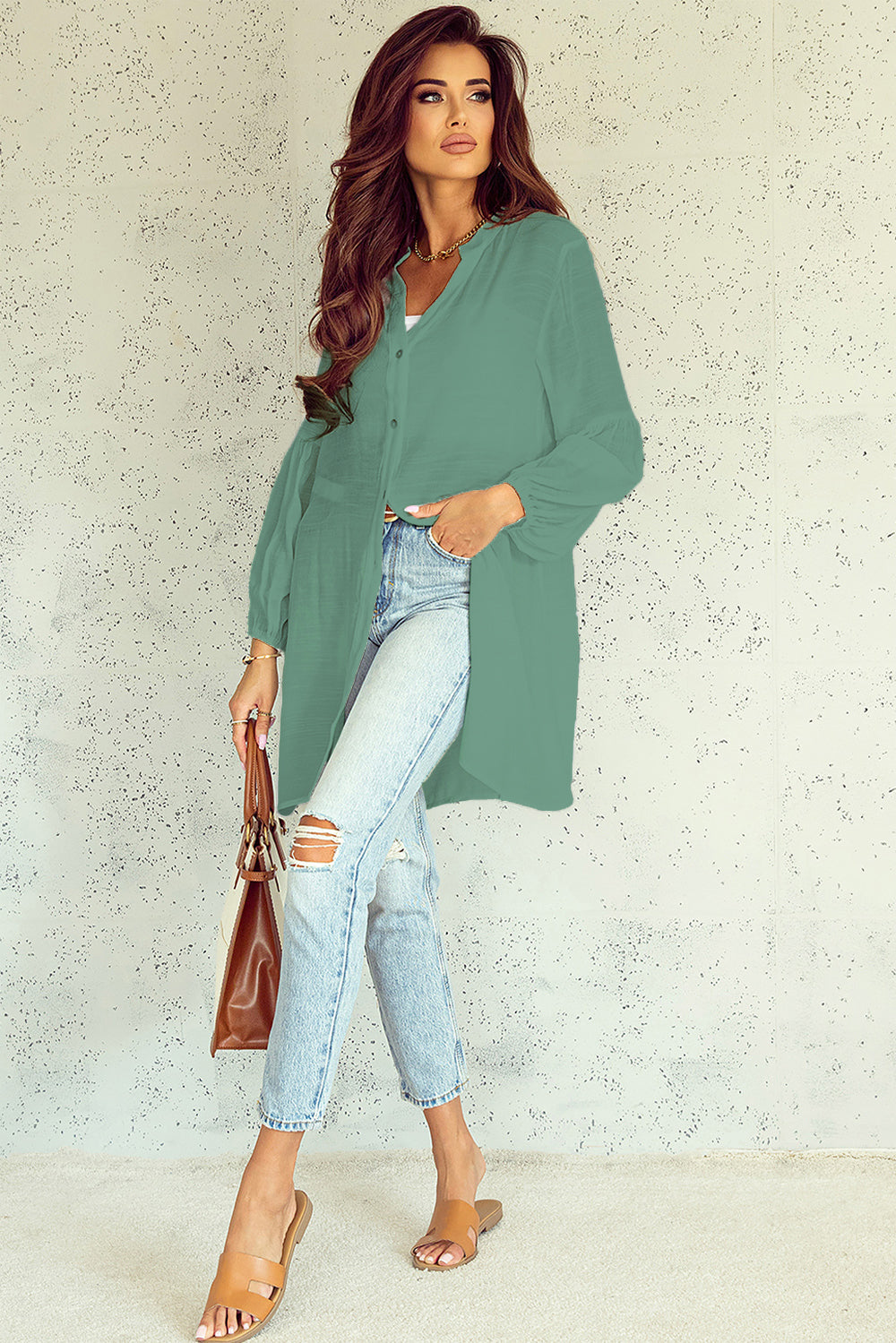 Notched Button Up Balloon Sleeve Longline Top - The Goddess Galleries