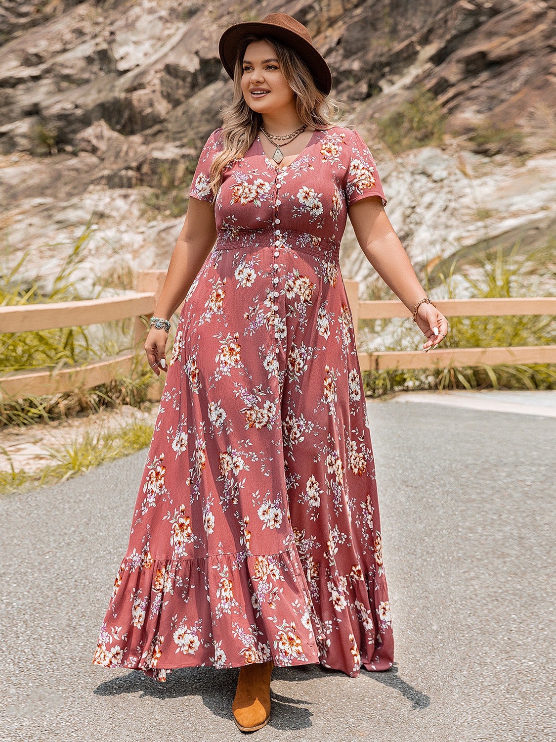 Plus Size Floral Slit Ruffle Hem Dress - The Goddess Galleries