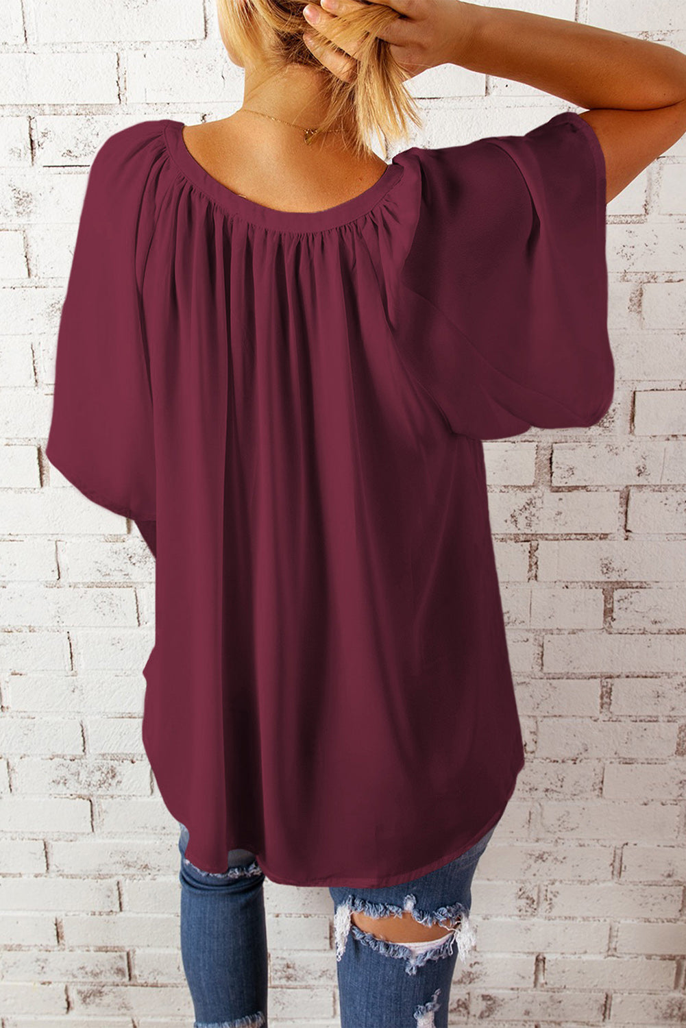 Gathered Detail Notched Neck Flutter Sleeve Top - The Goddess Galleries