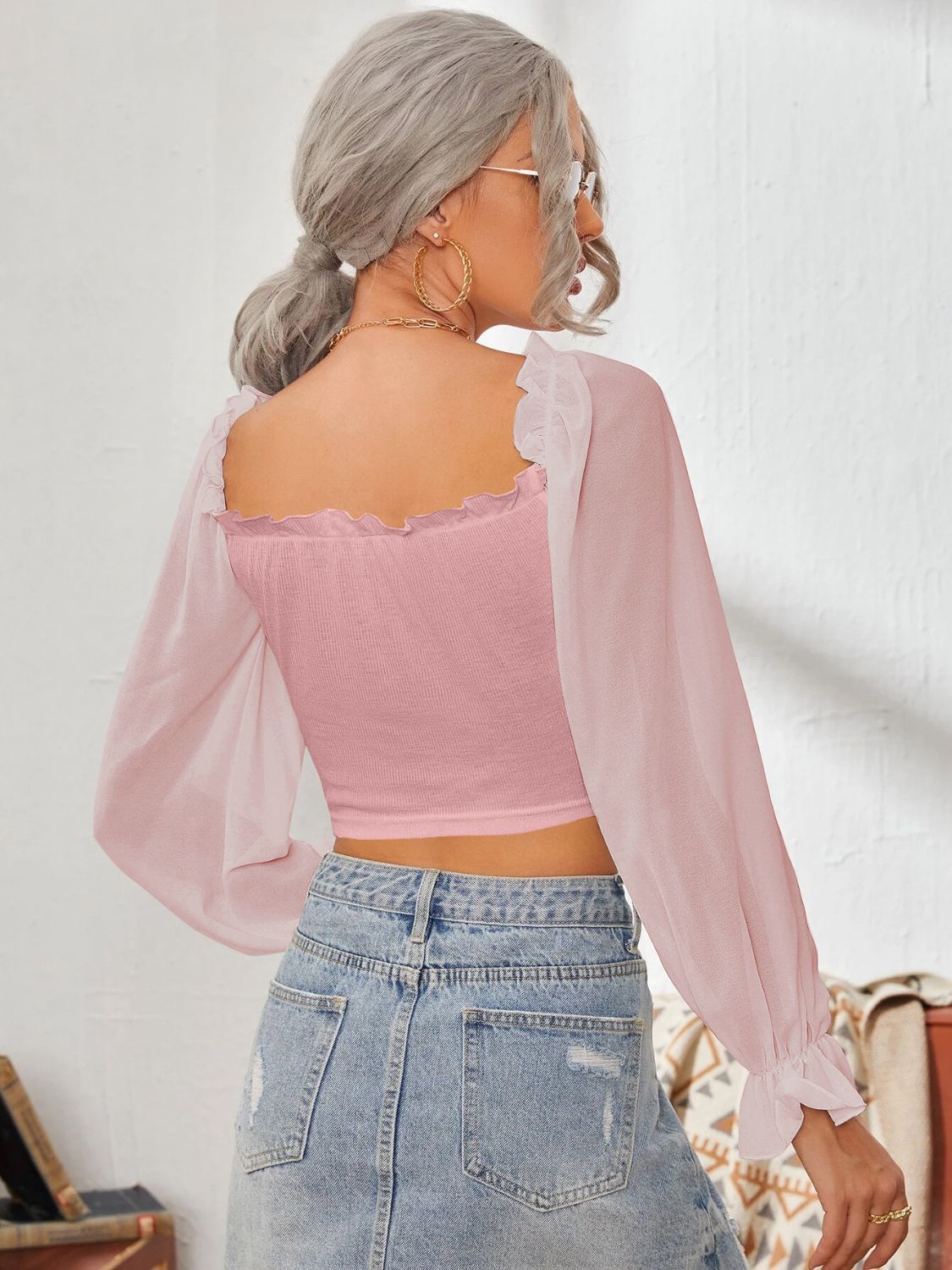 Mesh Sweetheart Neck Flounce Sleeve Top - The Goddess Galleries