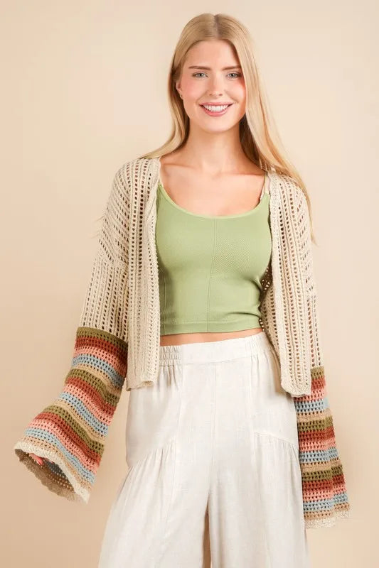 VERY J Color Block Bell Sleeve Openwork Cardigan - The Goddess Galleries