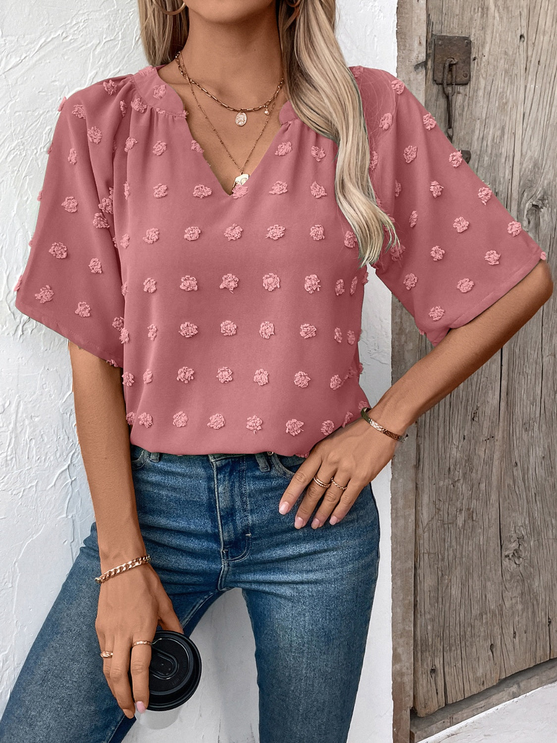 Ivy Lane Swiss Dot Notched Half Sleeve Blouse - The Goddess Galleries