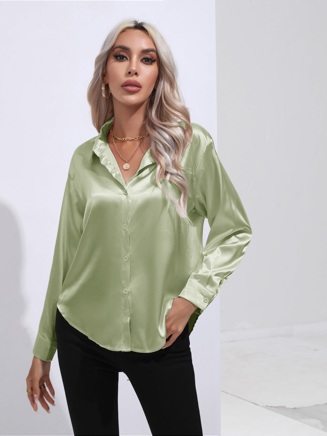Collared Neck Buttoned Long Sleeve Shirt - The Goddess Galleries