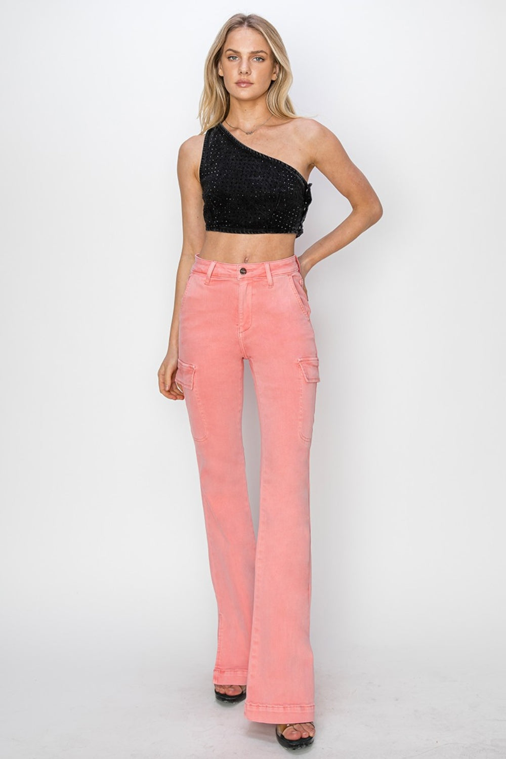 RISEN Full Size High Rise Side Slit Cargo Bootcut Jeans - The Goddess Galleries