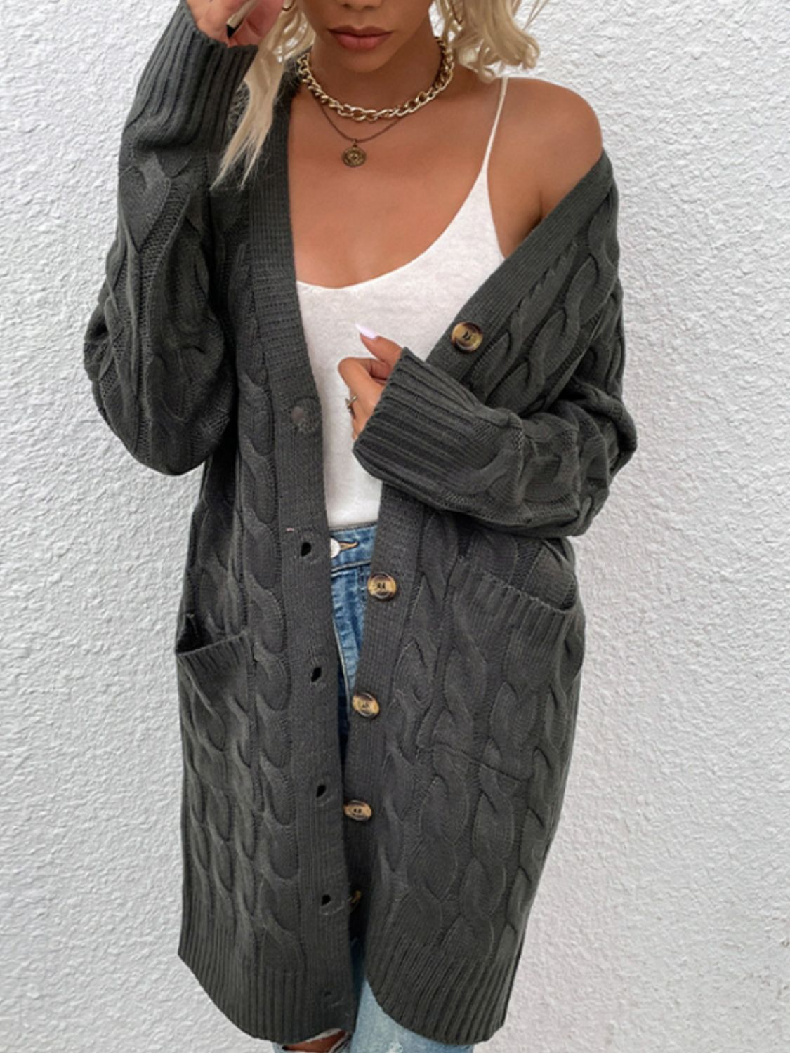 Cable-Knit Button Down Cardigan with Pockets - The Goddess Galleries
