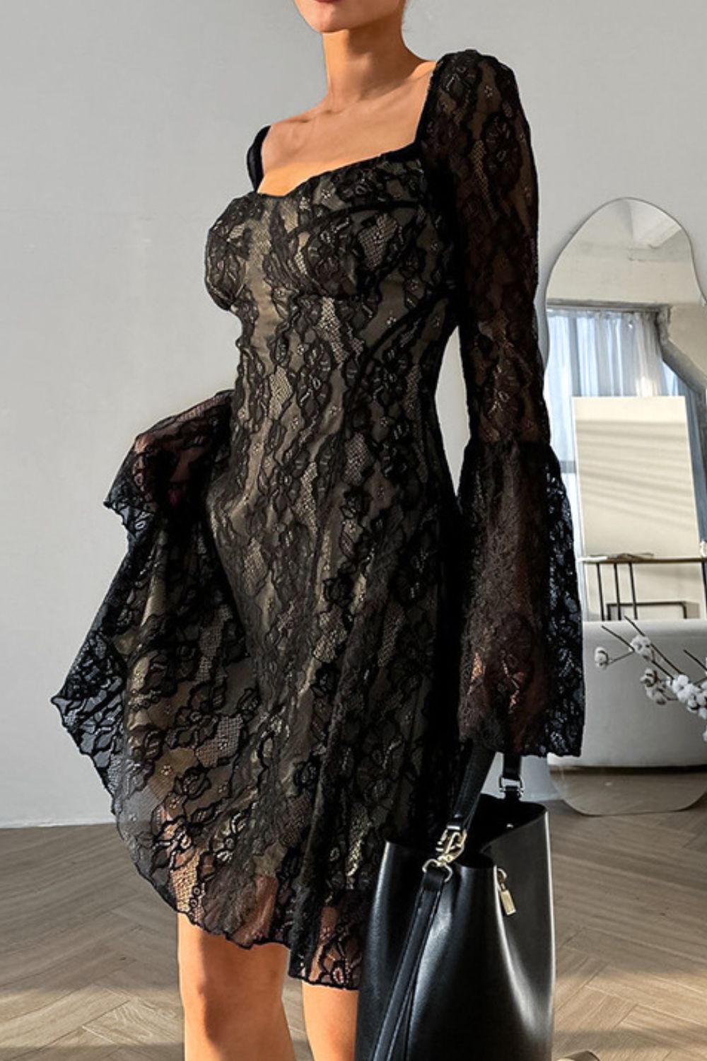 Lace Sweetheart Neck Flare Sleeve Mini Dress - The Goddess Galleries