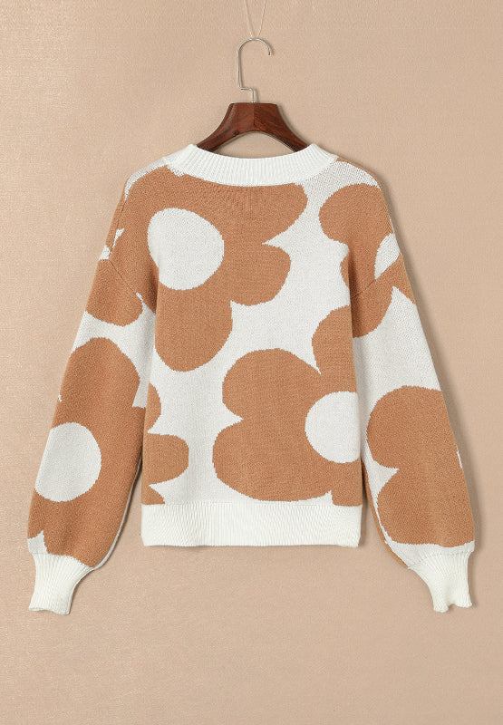 Contrast Flower Mock Neck Long Sleeve Sweater - The Goddess Galleries