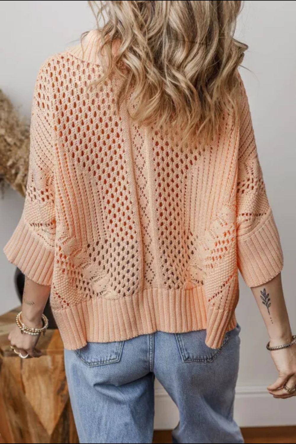 Cutout Collared Neck Three-Quarter Sleeve Sweater - The Goddess Galleries