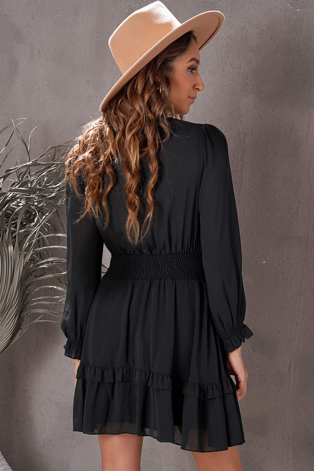 Tied Plunge Smocked Waist Flounce Sleeve Dress - The Goddess Galleries
