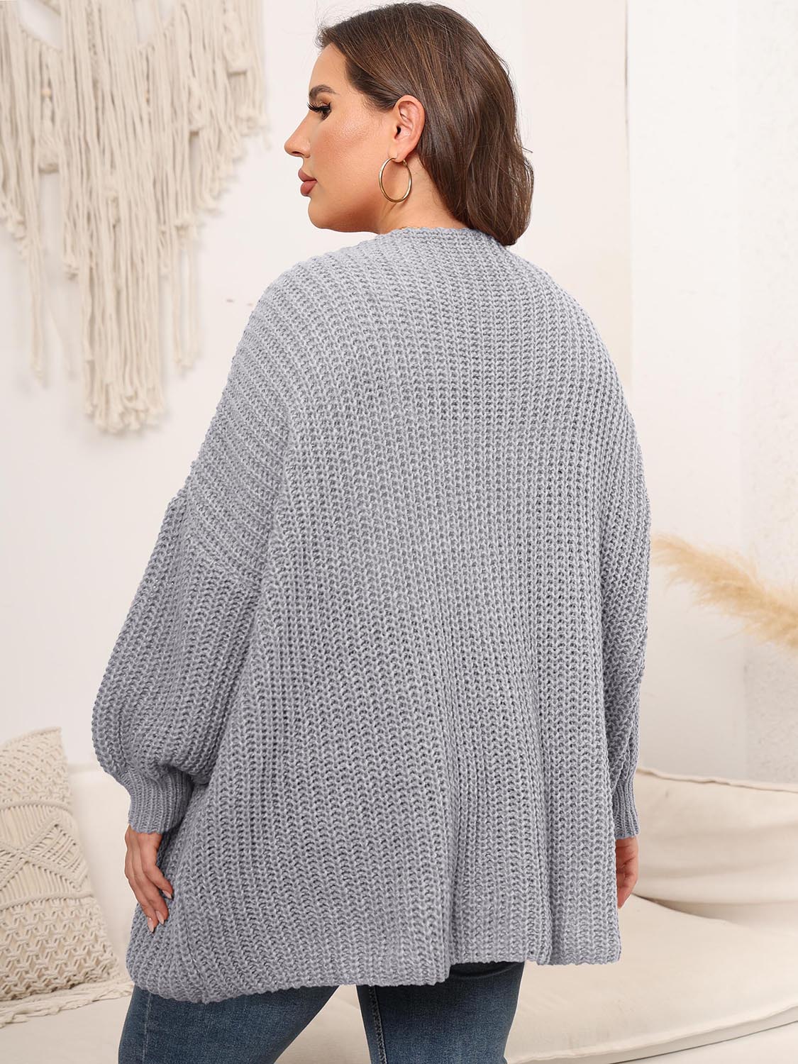Plus Size Open Front Dropped Shoulder Knit Cardigan - The Goddess Galleries