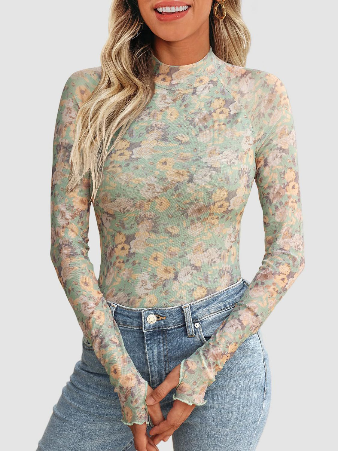 Floral Mock Neck Long Sleeve T-Shirt - The Goddess Galleries