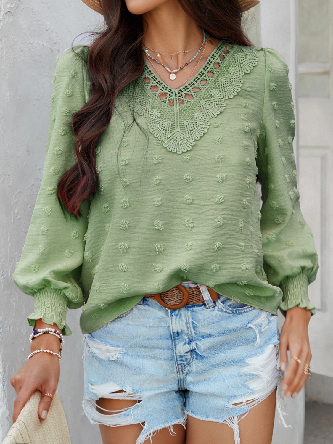 Devine Swiss Dot Lace Detail V-Neck Long Sleeve Blouse - The Goddess Galleries