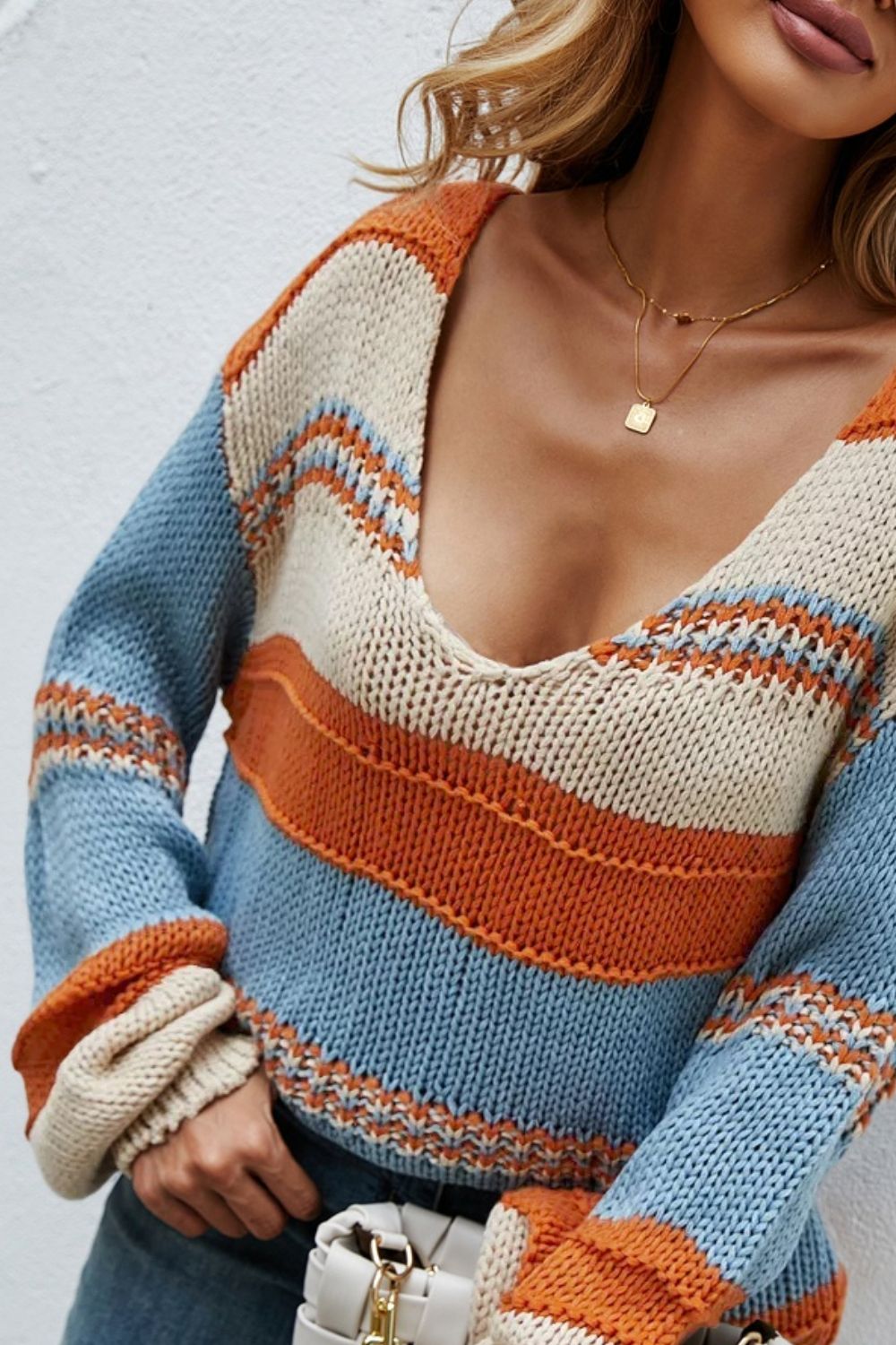 Angel Wings Color Block V-Neck Dropped Shoulder Sweater - The Goddess Galleries