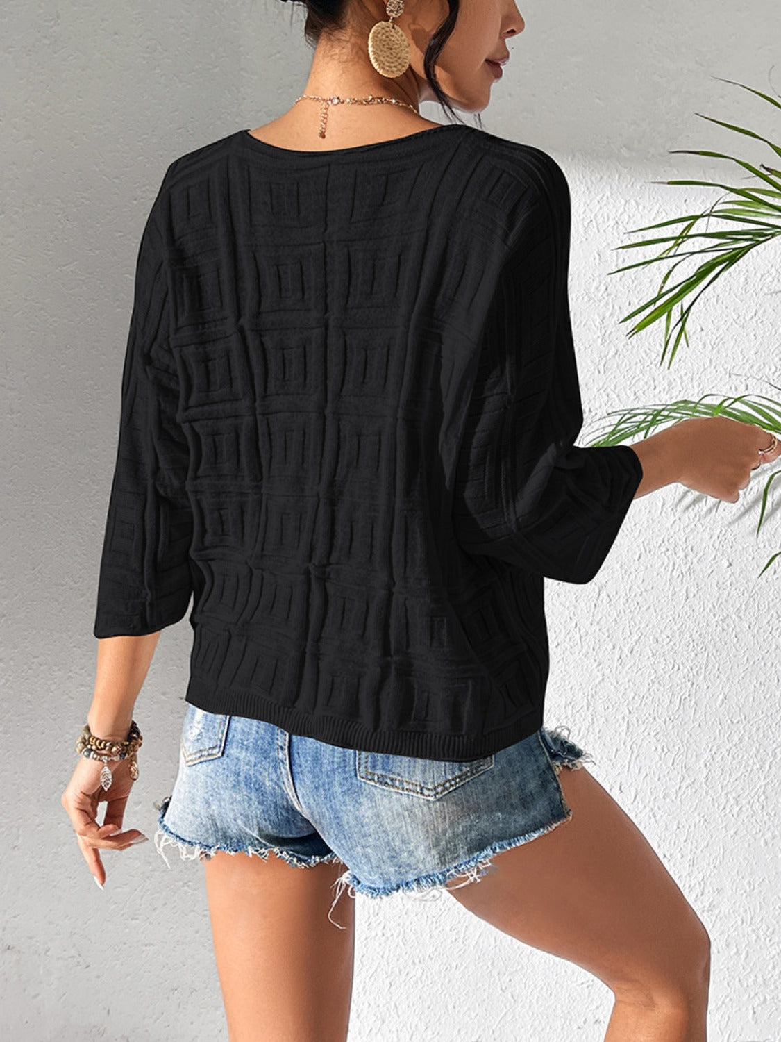 V-Neck Three-Quarter Sleeve Knit Top - The Goddess Galleries