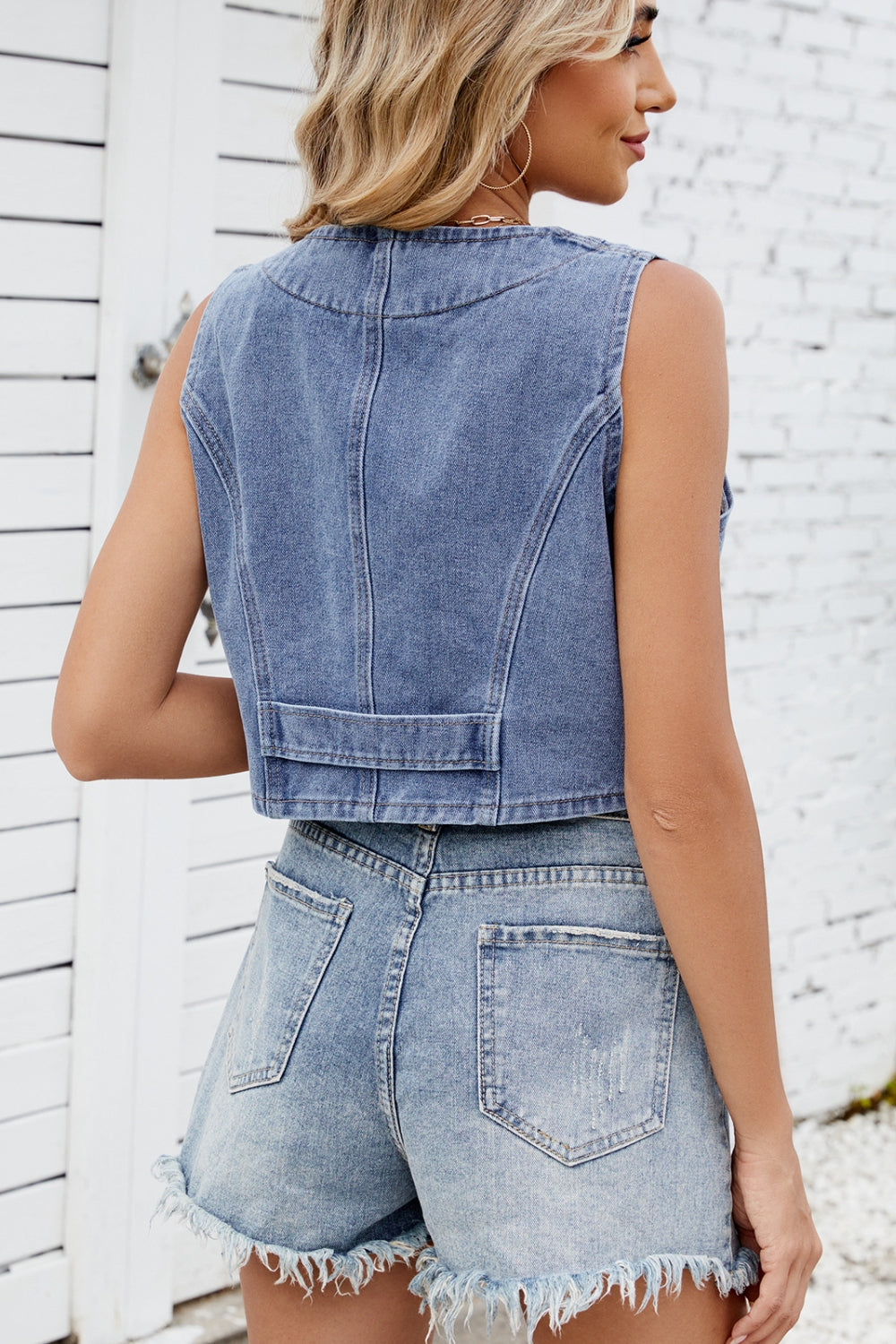 Button Down V-Neck Denim Vest - The Goddess Galleries