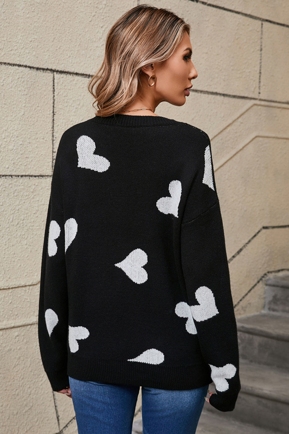 Angel Wings Heart Round Neck Dropped Shoulder Sweater - The Goddess Galleries