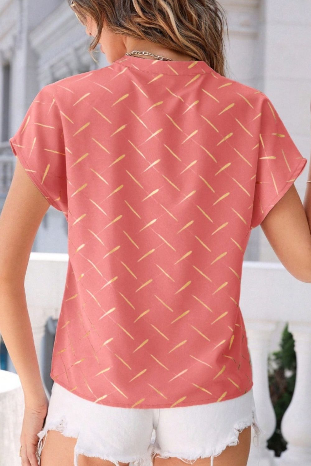 Printed Notched Short Sleeve Blouse - The Goddess Galleries