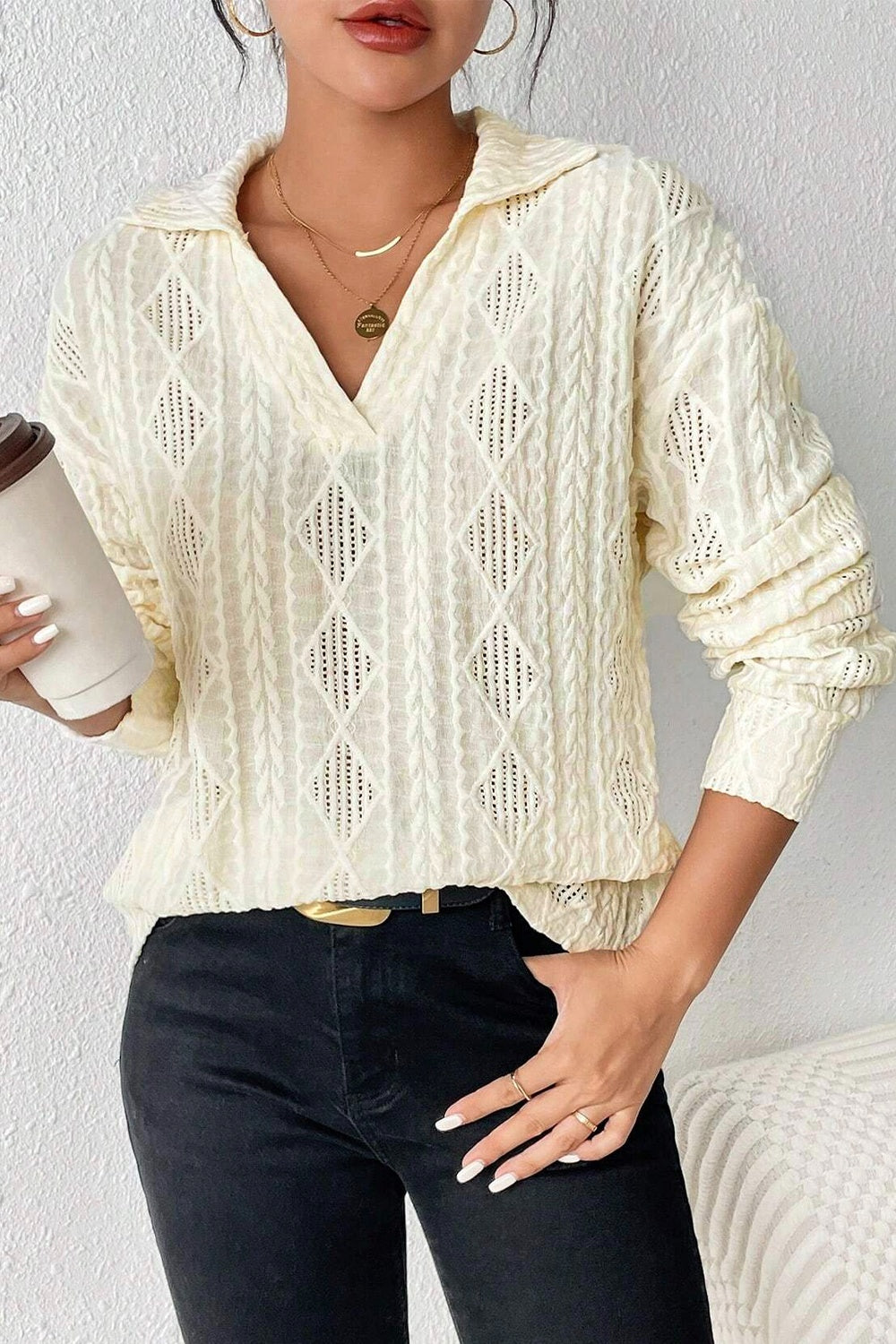 Eyelet Johnny Collar Dropped Shoulder Blouse - The Goddess Galleries