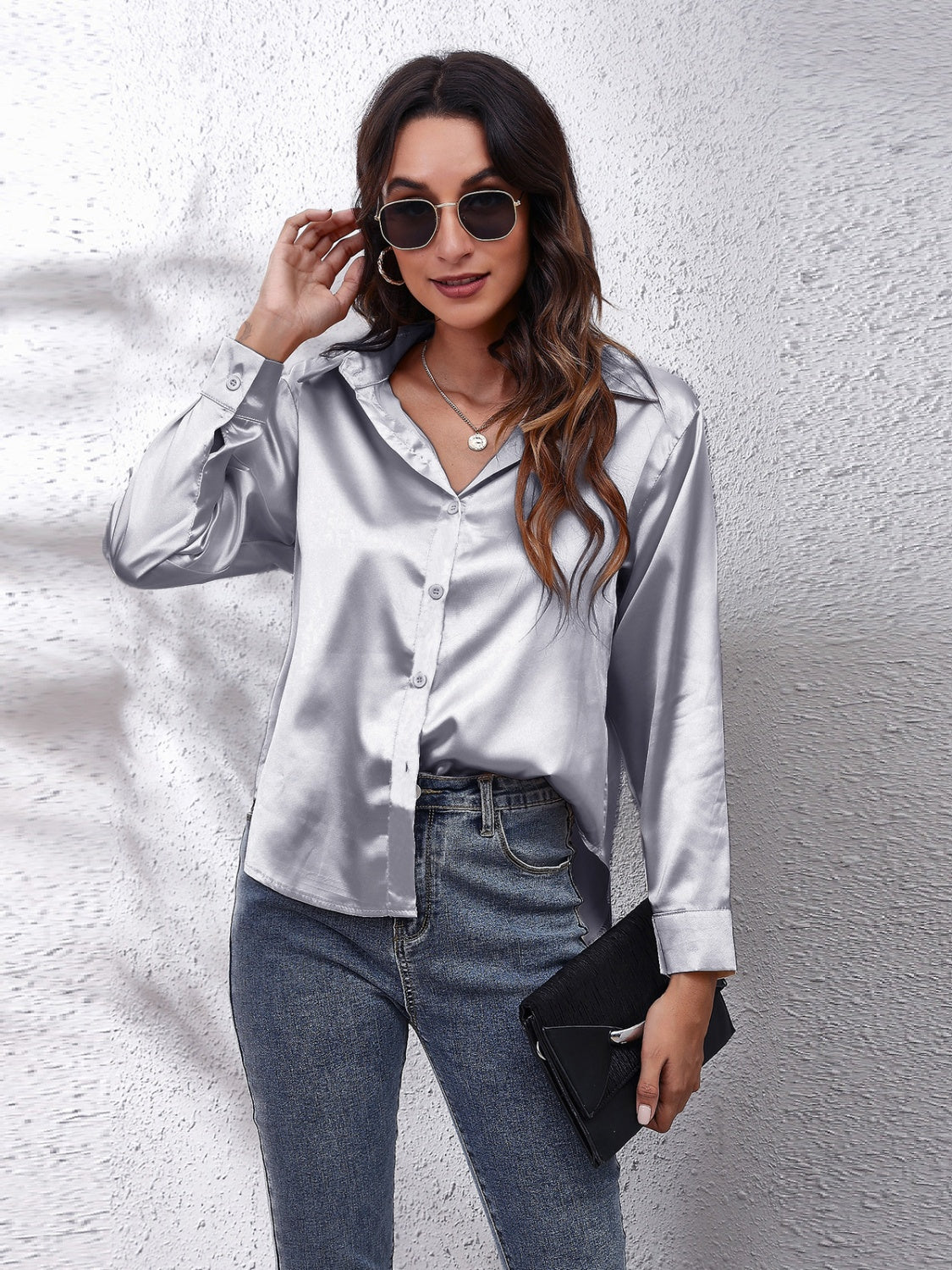 Collared Neck Buttoned Long Sleeve Shirt - The Goddess Galleries