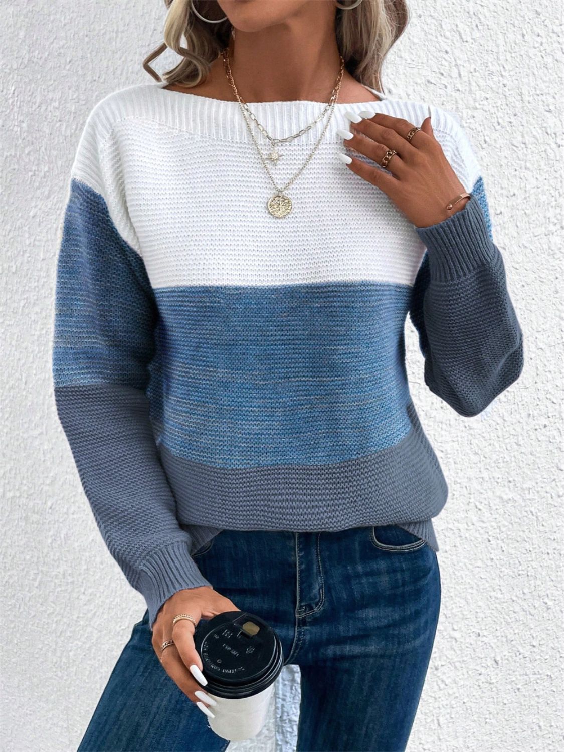 Color Block Drop Shoulder Long Sleeve Sweater - The Goddess Galleries