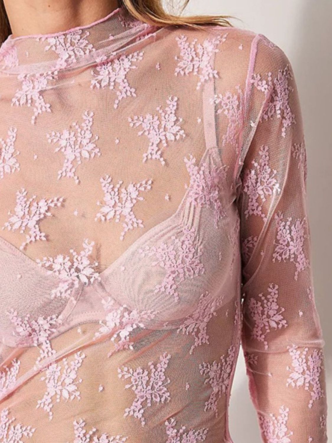 Lace Mock Neck Long Sleeve Blouse - The Goddess Galleries