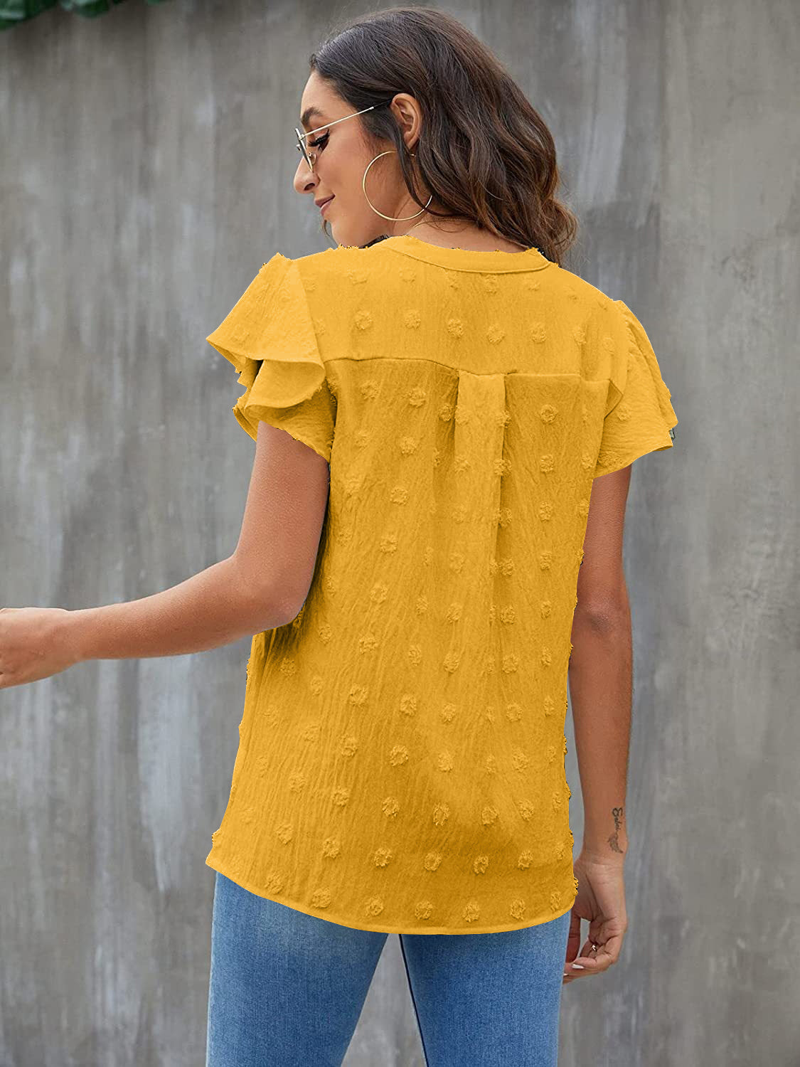 Swiss Dot Notched Flutter Sleeve Blouse - The Goddess Galleries