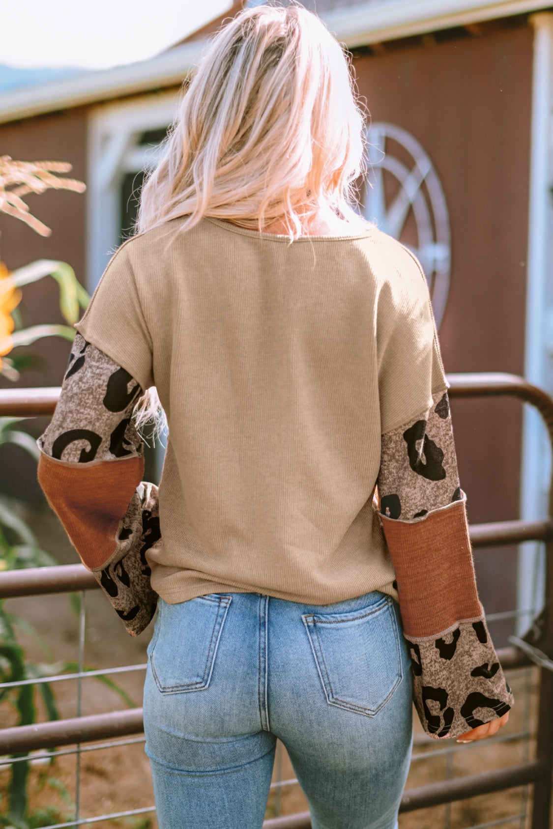 Leopard Colorblock Patchwork V-Neck Loose Sleeve Knit Top - The Goddess Galleries