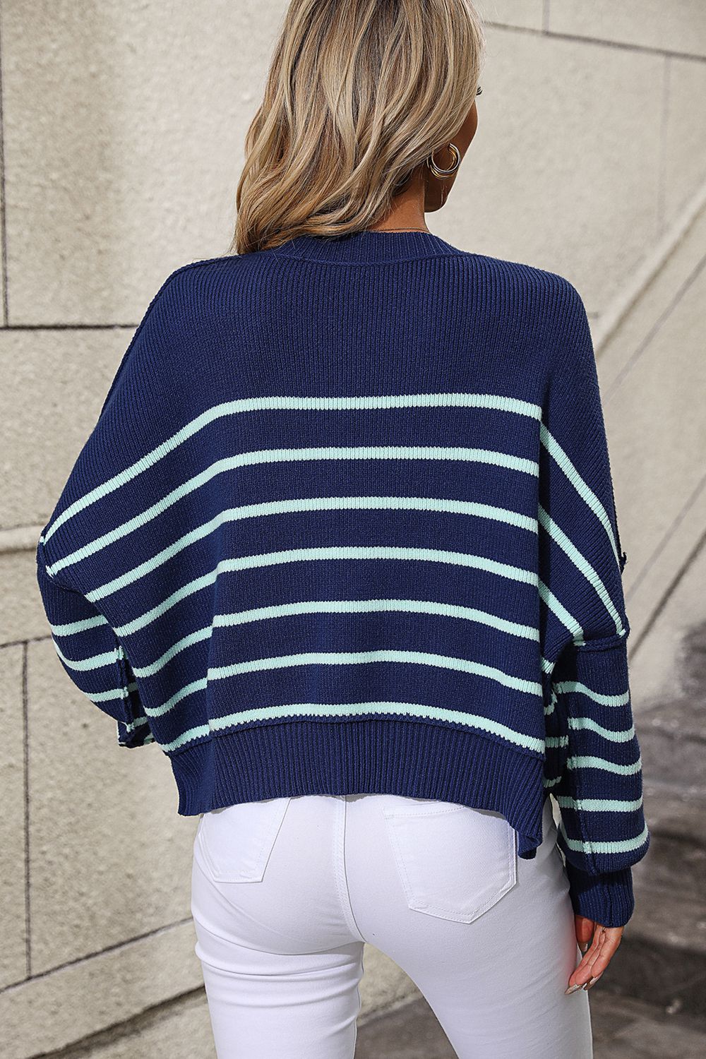Striped Dropped Shoulder Round Neck Pullover Sweater - The Goddess Galleries